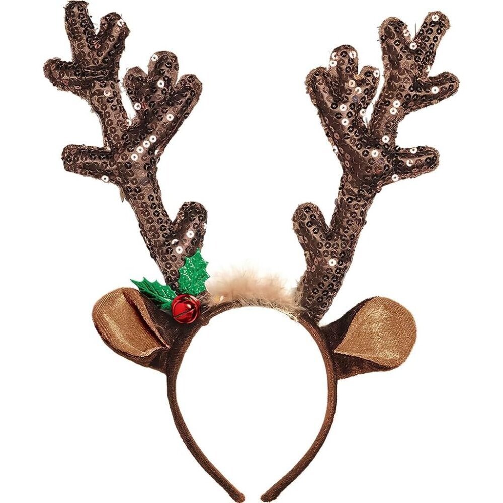 Sparkling Brown Sequined Antler Headband - 15" x 14" - Chic Hair Accessory - Per